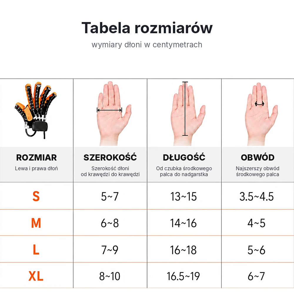 Tabela rozmiarów rękawicy S, M, L, XL