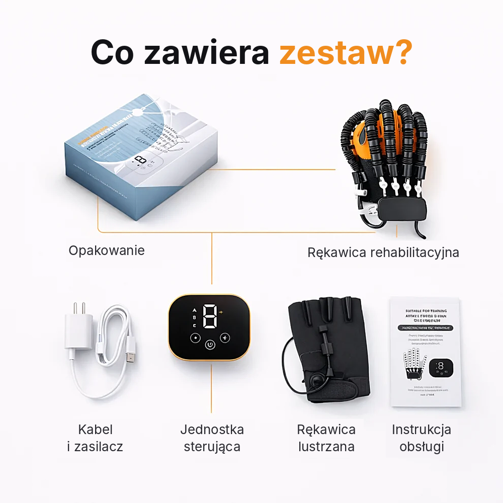 Zawartość zestawu: rękawica, rękawica lustrzana, jednostka sterująca, zasilacz, instrukcja